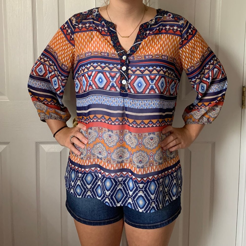 Figueroa & Flower Multi colored sheer blouse-S